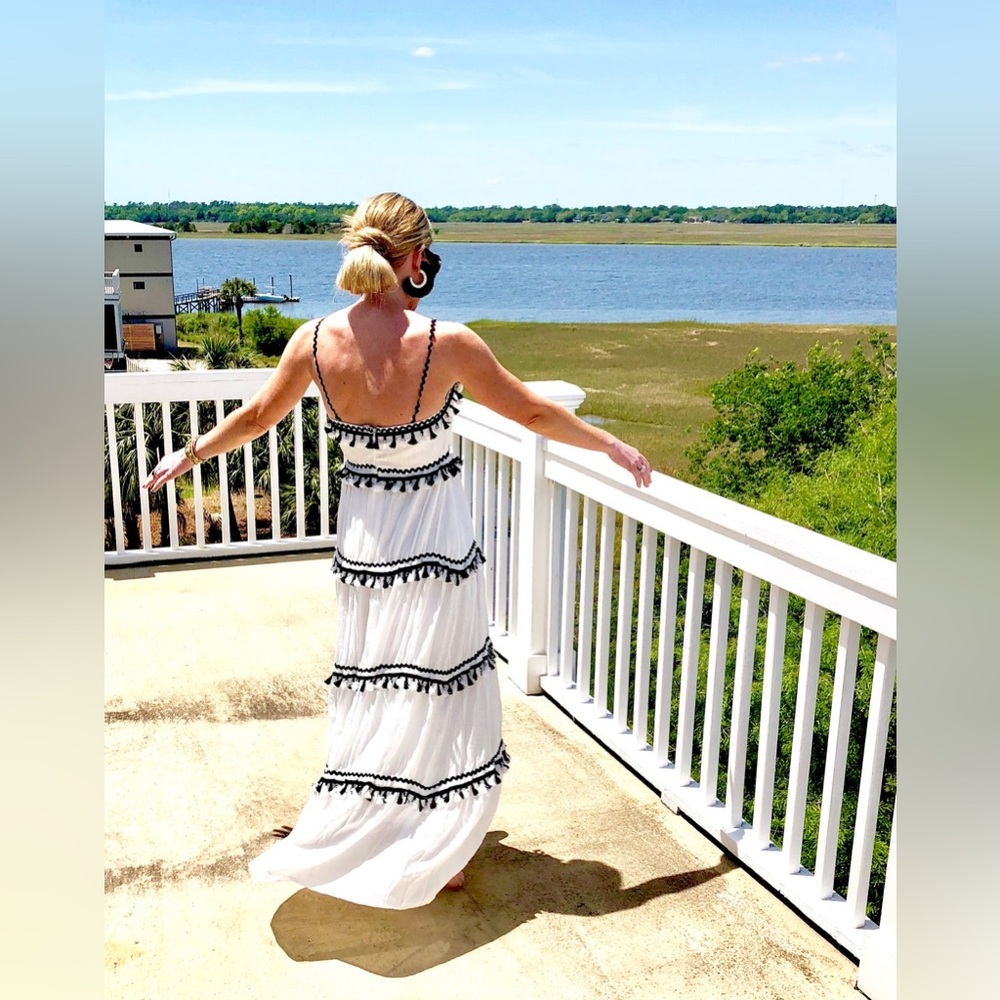 L’ATISTE Tiered White & Black Maxi Dress – Tassel Trim | Size XS - Picture 5 of 13